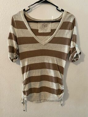 Guess Brown & Cream Striped V-Neck Roll-Sleeve Top